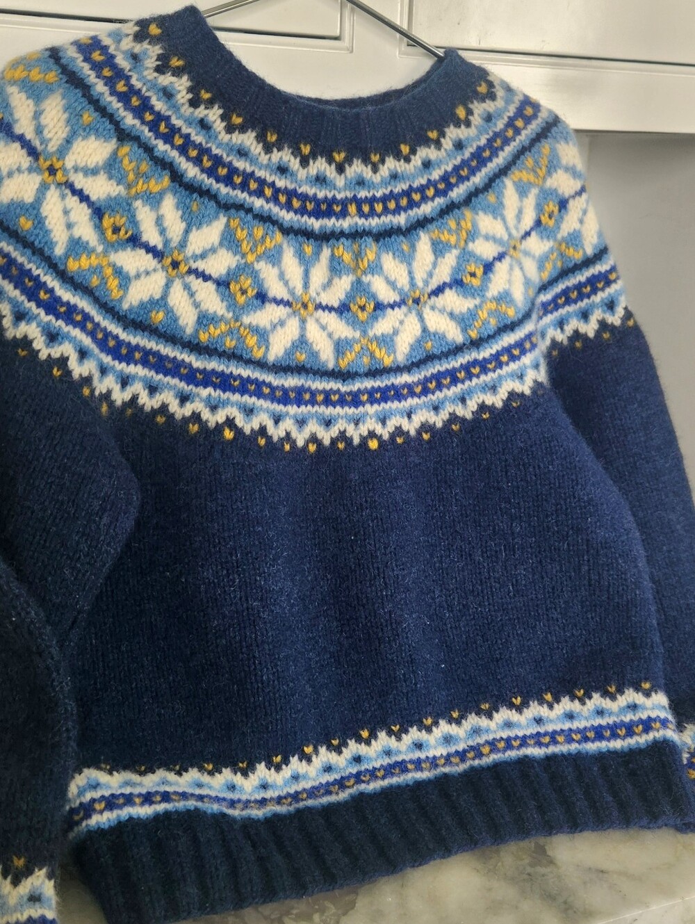 Hand Knit Fair Isle Norweigen Wool Navy Blue Sweater